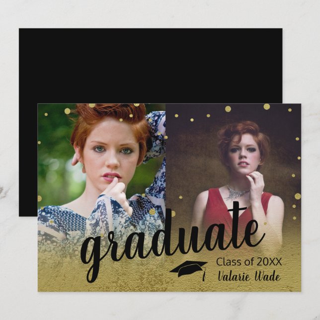 Graduation High School Faux Gold Two Photo Invitation (Front/Back)