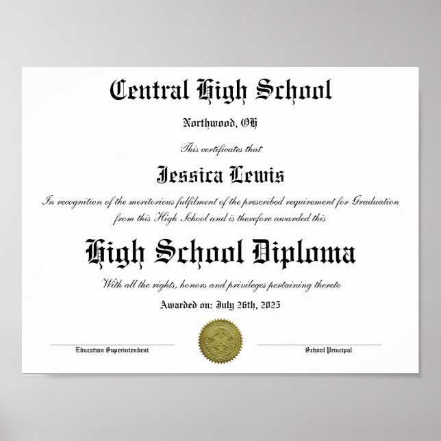 Graduation High School Graduate Diploma Poster (Front)