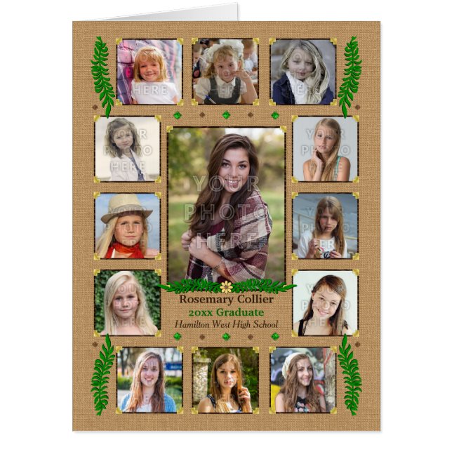 Graduation High School Photo Collage | Burlap Fern Card (Front)