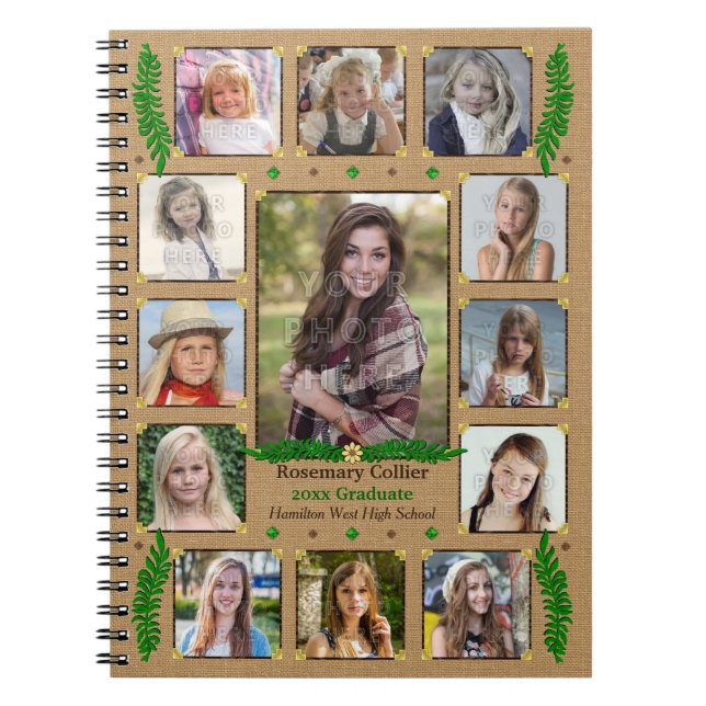 Graduation High School Photo Collage | Burlap Fern Notebook (Front)