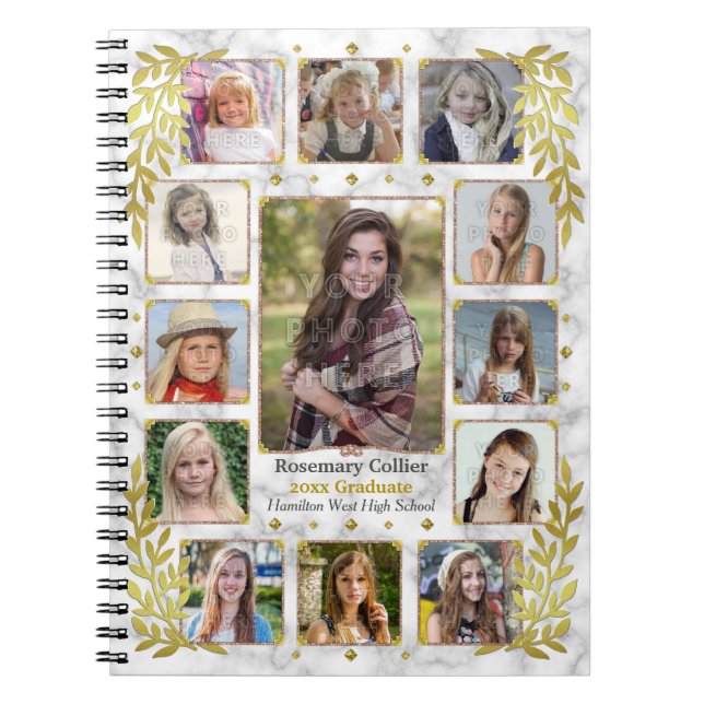 Graduation High School Photo Collage | Gold Marble Notebook (Front)