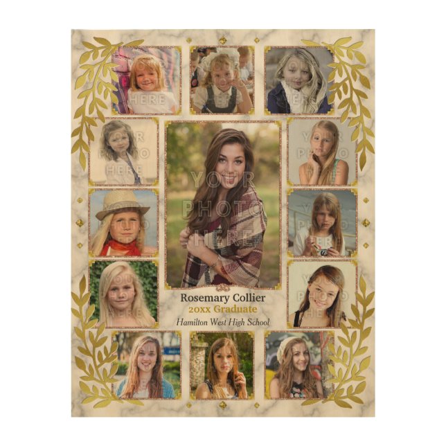 Graduation High School Photo Collage | Gold Marble Wood Wall Art (Front)