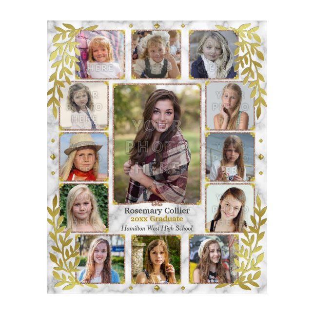 Graduation High School Photo Collage | Marble Gold Acrylic Print (Front)
