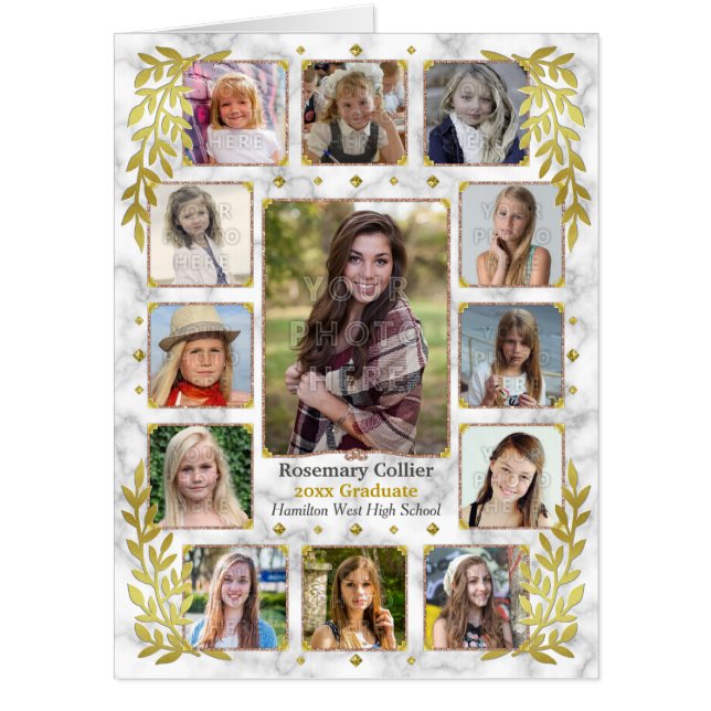 Graduation High School Photo Collage | Marble Gold Card (Front)