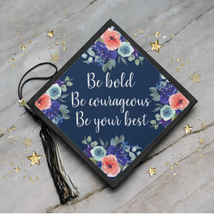 Graduation Inspirational Navy Blue Coral Floral Cap Topper