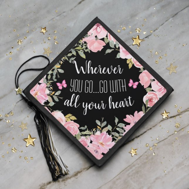 Graduation Inspirational Pink Black All Your Heart Graduation Cap Topper (Creator Uploaded)