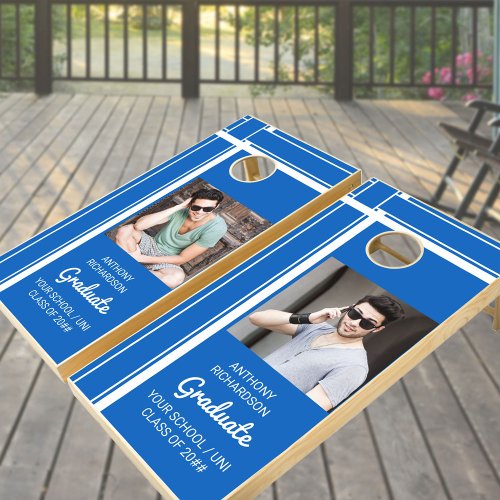 Graduation Instagram Photos Blue and White Cornhole Set