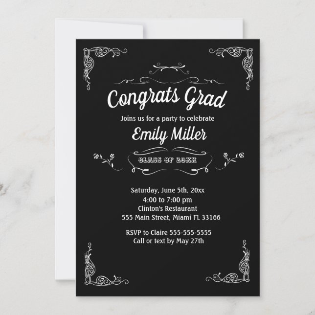 Graduation Invitation Black White Chalkboard (Front)