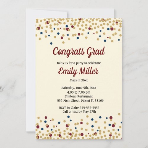 Graduation Invitation Confetti Gold Blue Red