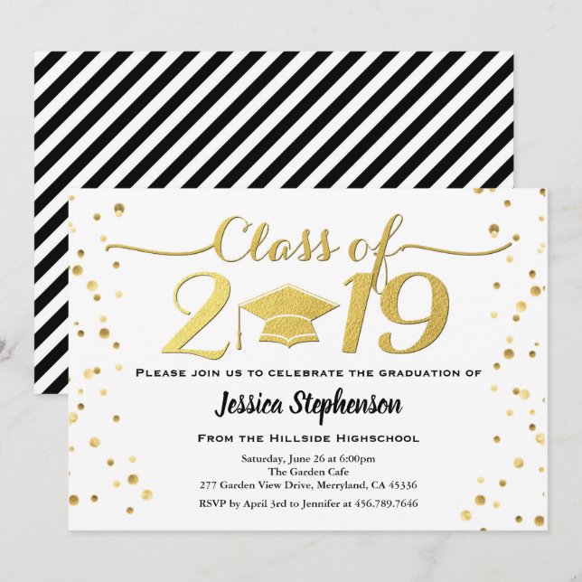 Graduation invitation. Faux gold white and black Invitation (Front/Back)