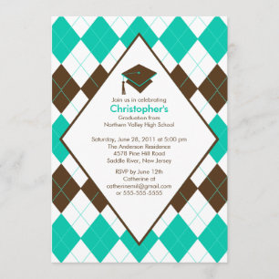 Graduation Invitation Prep Brown Turquoise Argyle
