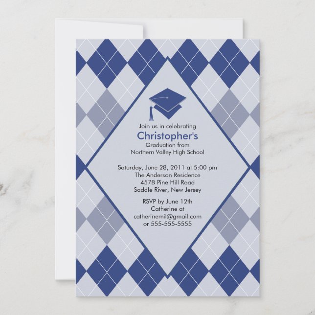 Graduation Invitation Preppy  Blue Argyle (Front)