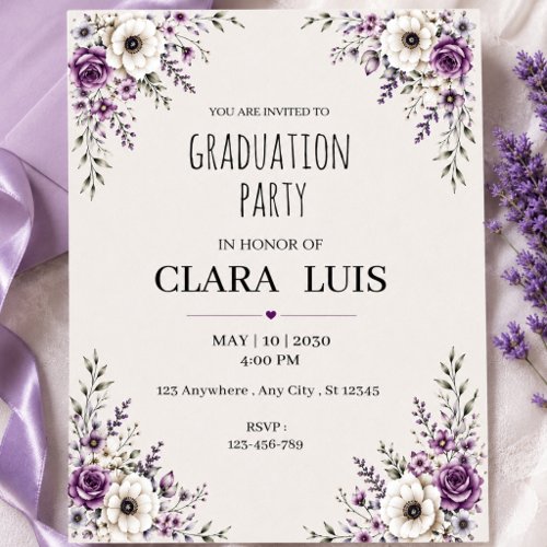 Graduation Invitation Purple Floral Invite