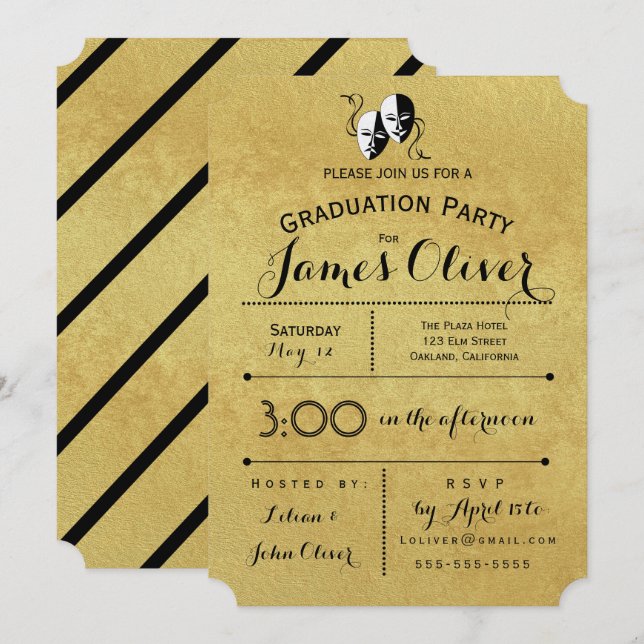 Graduation Invitation Theater Major Gold and Black (Front/Back)