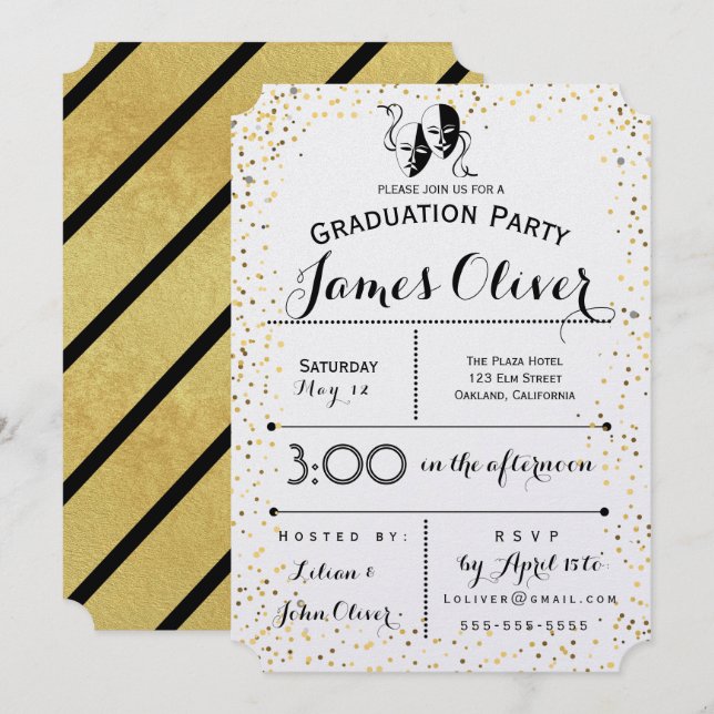 Graduation Invitation Theater Major Gold and Black (Front/Back)