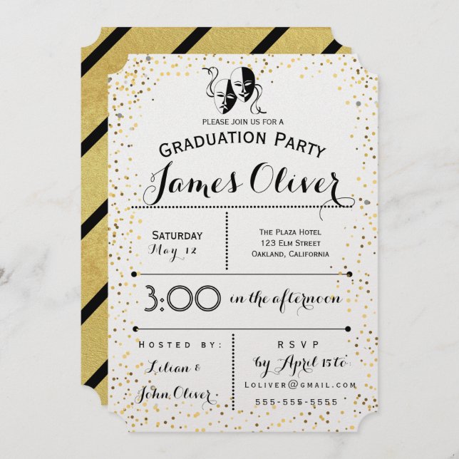 Graduation Invitation Theater Major Gold and Black (Front/Back)