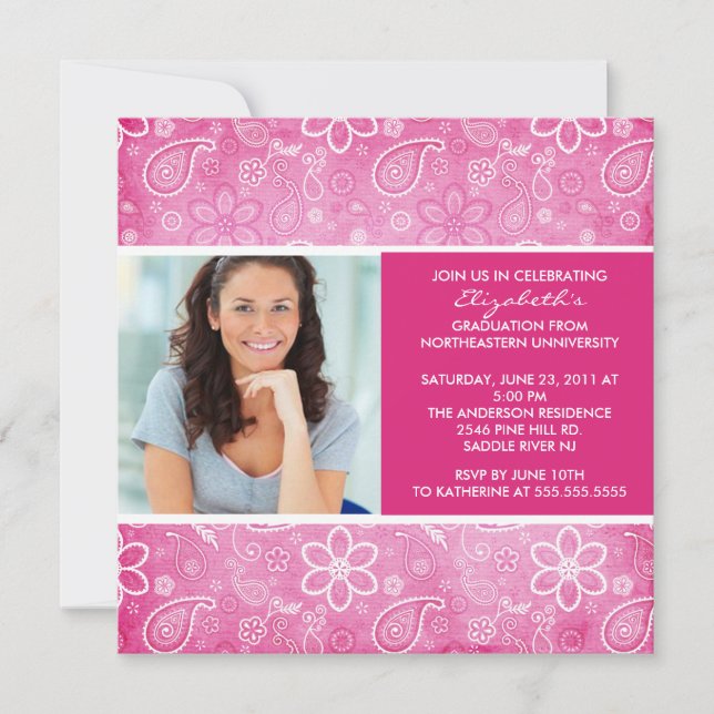 Graduation Invitation with Photo Pink Paisley (Front)