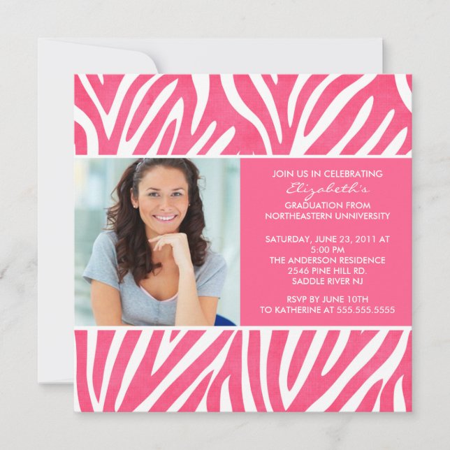 Graduation Invitation with Photo Pink  Zebra Print (Front)