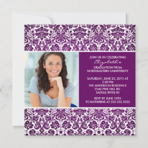 Graduation Invitation with Photo Purple Damask