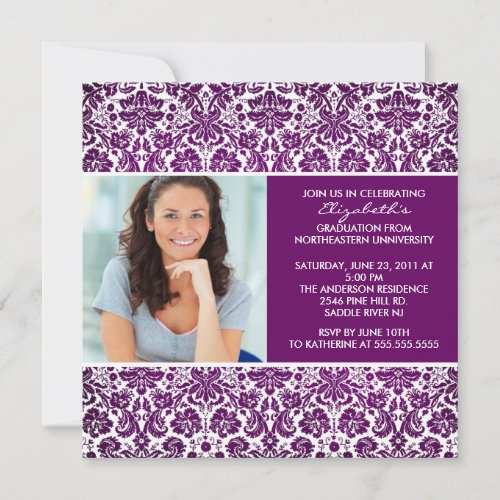 Graduation Invitation with Photo Purple Damask