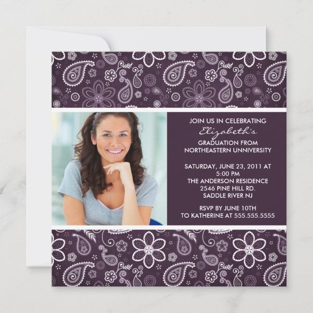 Graduation Invitation with Photo Purple Paisley (Front)