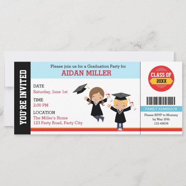 Graduation Invitations Ticket Style with Boy Girl (Front)