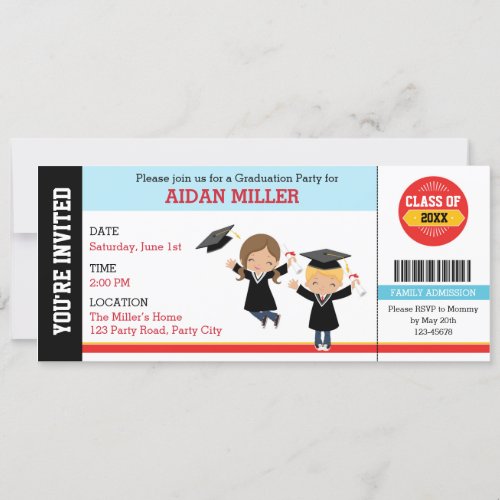 Graduation Invitations Ticket Style with Boy Girl