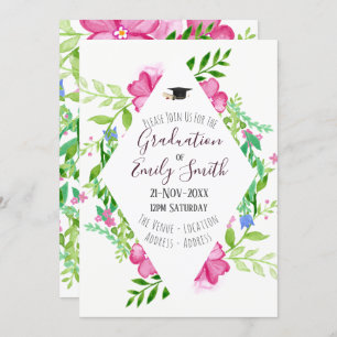Graduation Invite Floral Watercolor Wreath Girl