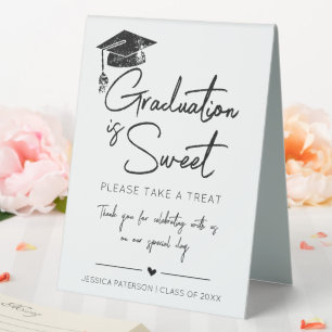 Graduation is Sweet Minimalist Black White Script Table Tent