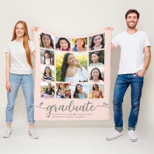 Graduation K–12 Blush Pink Script Photo Collage Fleece Blanket