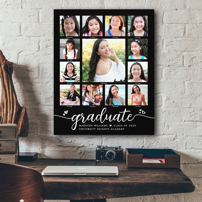 Graduation K–12 Modern Script Photo Collage Black Canvas Print (Creator Uploaded)