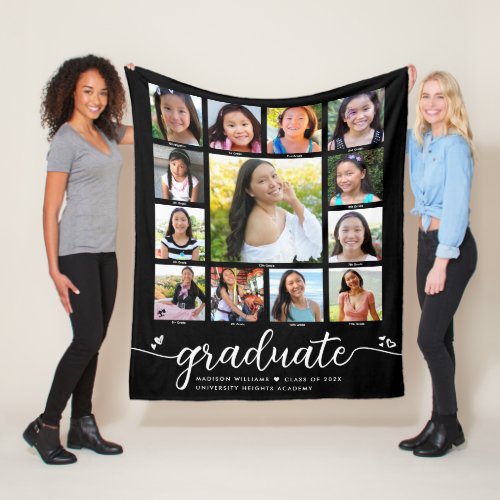 Graduation K12 Modern Script Photo Collage Black  Fleece Blanket