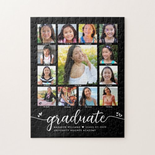 Graduation K12 Modern Script Photo Collage Black Jigsaw Puzzle