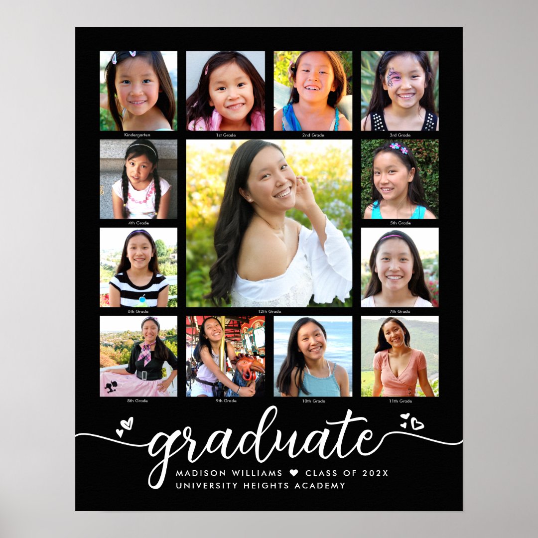 Graduation K–12 Modern Script Photo Collage Black Poster 