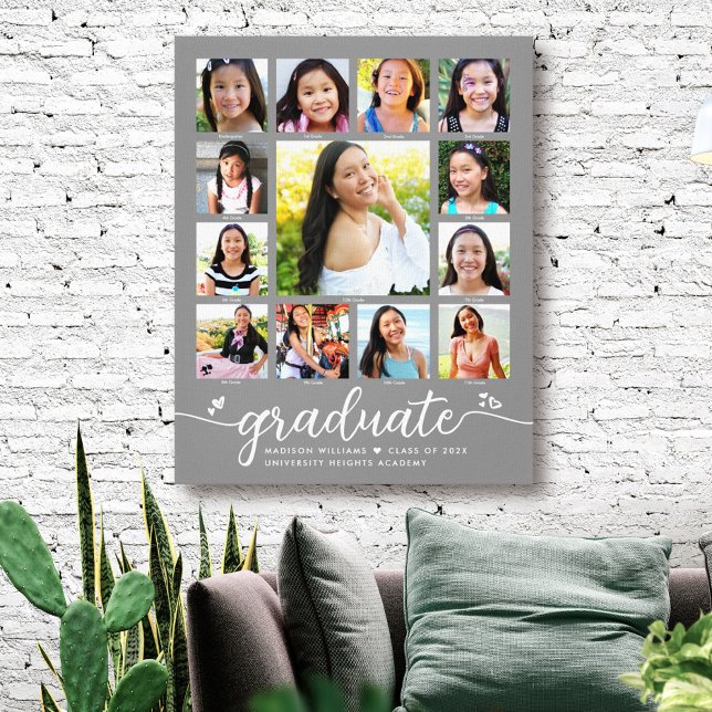 Graduation K–12 Modern Script Photo Collage Gray Canvas Print (Creator Uploaded)