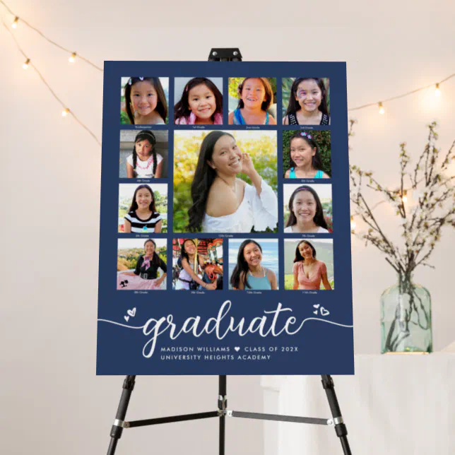 Graduation K–12 Modern Script Photo Collage Navy Foam Board | Zazzle