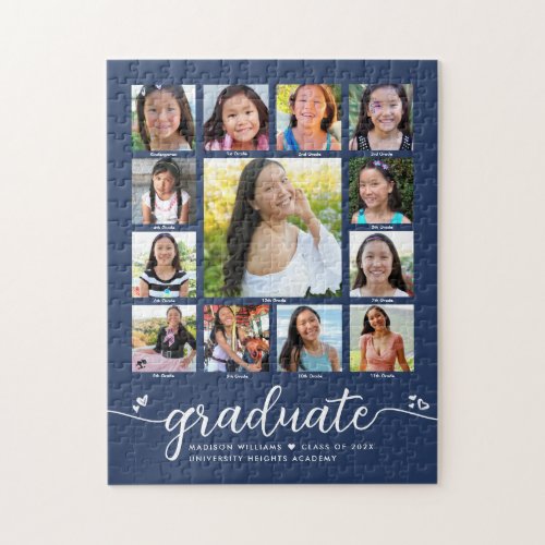 Graduation K12 Modern Script Photo Collage Navy Jigsaw Puzzle