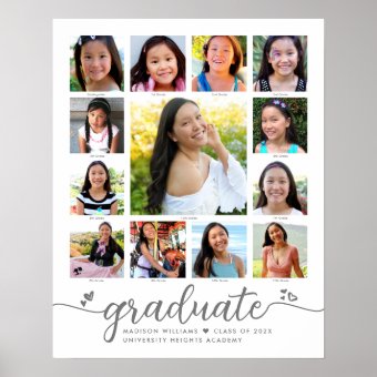 Graduation K–12 Modern Script Photo Collage White Poster | Zazzle