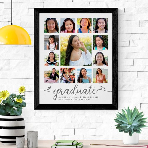 Graduation K12 Modern Script Photo Collage White Poster