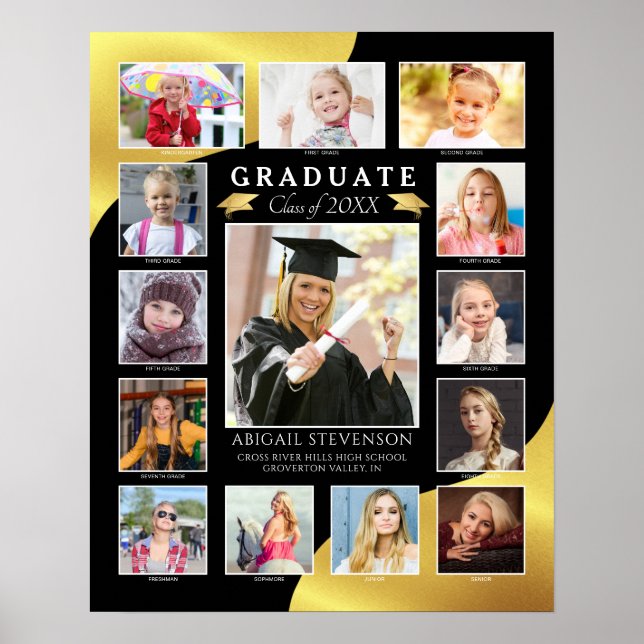 Graduation K-12 Photo Collage Black Gold Metallic Poster (Front)