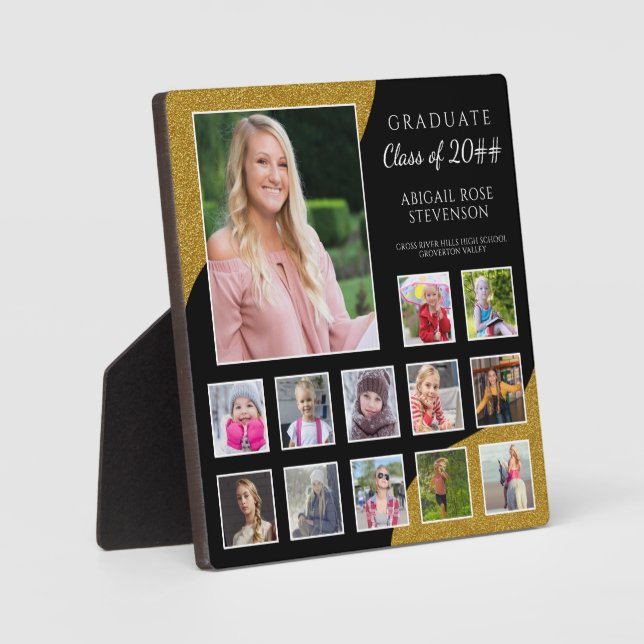 Graduation K-12 Photo Collage Black Gold Plaque (Front)