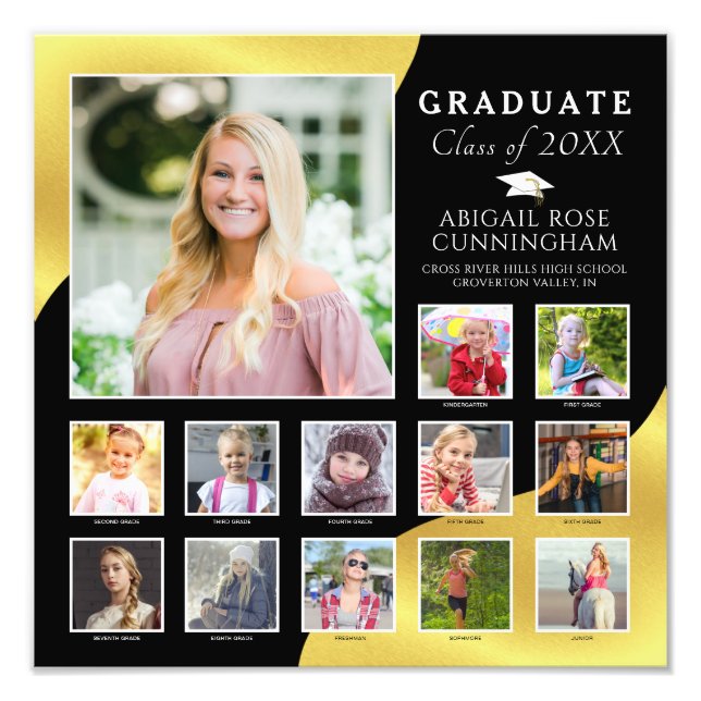 Graduation K-12 Photo Collage Black Metallic Gold Print (Front)