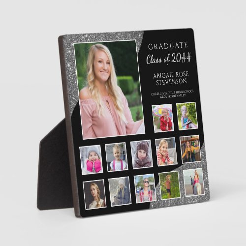 Graduation K_12 Photo Collage Black Silver Glitter Plaque