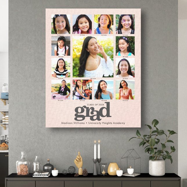Graduation K–12 Photo Collage Blush Pink Bold Canvas Print (Creator Uploaded)