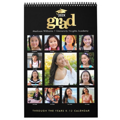 Graduation K12 Photo Collage Gold Black 15 Month Calendar