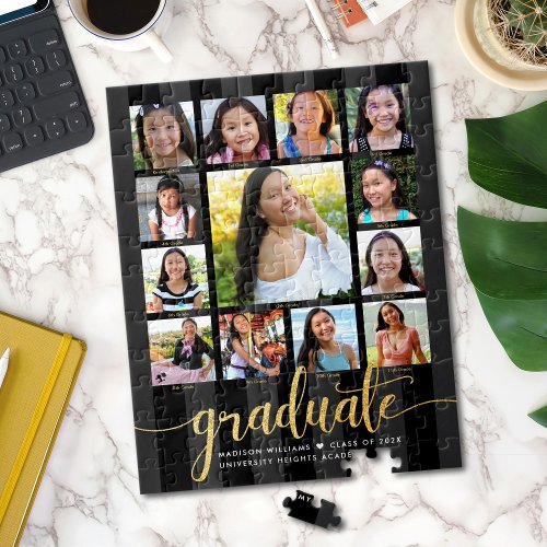 Graduation K12 Photo Collage Gold Black Script Jigsaw Puzzle