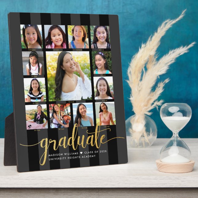 Graduation K–12 Photo Collage Gold Black Script Plaque (Side)
