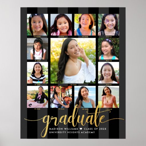 Graduation K–12 Photo Collage Gold Black Script Poster | Zazzle