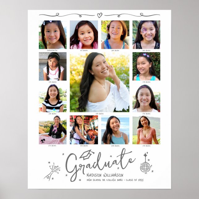 Graduation K–12 Photo Collage Gray Doodles White Poster (Front)