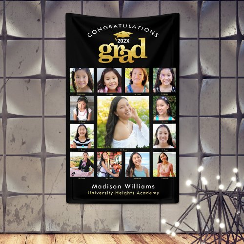 Graduation K12 Photo Collage Modern Black Gold Banner